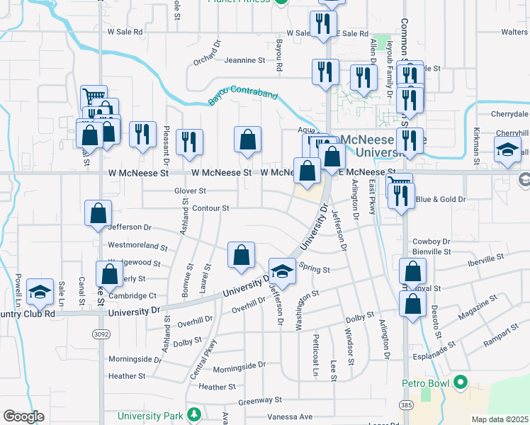 map of restaurants, bars, coffee shops, grocery stores, and more near 555 Contour Drive in Lake Charles