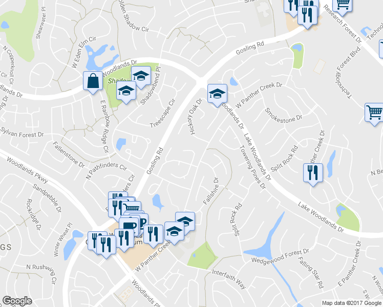 map of restaurants, bars, coffee shops, grocery stores, and more near 15 Edgewood Forest Court in Spring