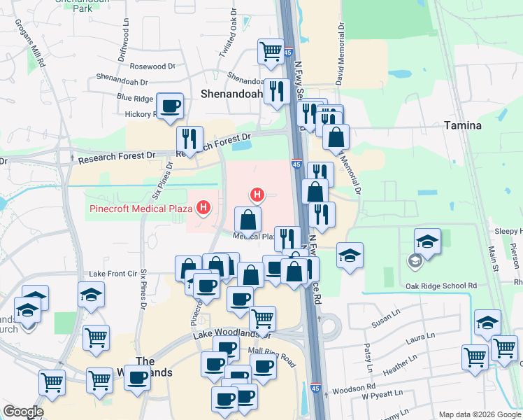 map of restaurants, bars, coffee shops, grocery stores, and more near 9250 Pinecroft Drive in Shenandoah