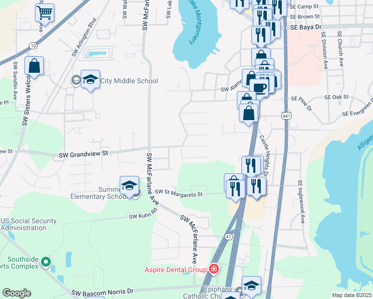 map of restaurants, bars, coffee shops, grocery stores, and more near 620 Southwest Grandview Street in Lake City