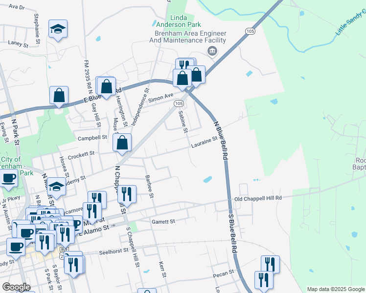 map of restaurants, bars, coffee shops, grocery stores, and more near 1505 Lauraine Street in Brenham
