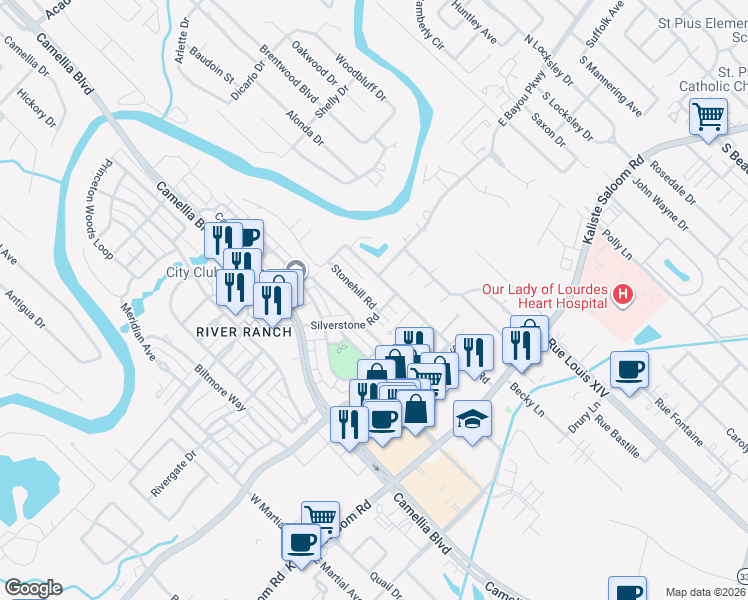 map of restaurants, bars, coffee shops, grocery stores, and more near 204 Stonehill Road in Lafayette