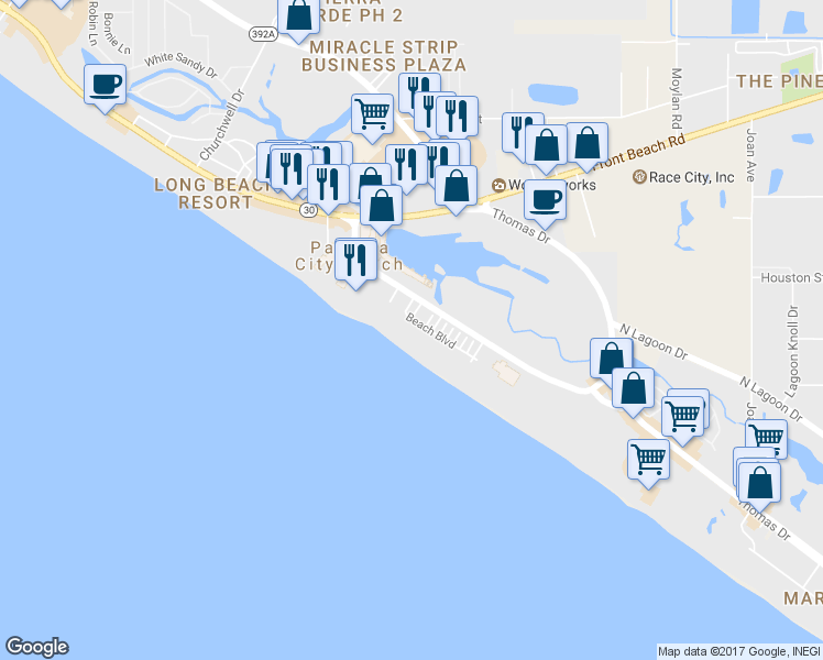 map of restaurants, bars, coffee shops, grocery stores, and more near 9812 Beach Boulevard in Panama City