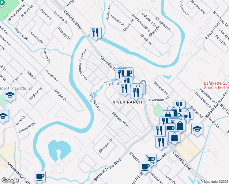map of restaurants, bars, coffee shops, grocery stores, and more near 101 Bradbury Crossing in Lafayette
