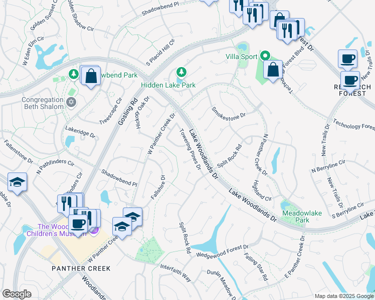 map of restaurants, bars, coffee shops, grocery stores, and more near 48 Towering Pines Drive in Spring