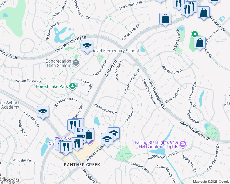 map of restaurants, bars, coffee shops, grocery stores, and more near 15 Edgewood Forest Court in The Woodlands
