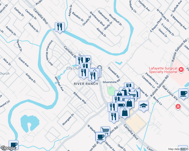 map of restaurants, bars, coffee shops, grocery stores, and more near 1102 Camellia Boulevard in Lafayette