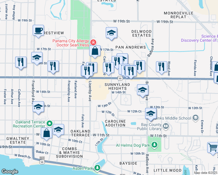 map of restaurants, bars, coffee shops, grocery stores, and more near 1401 Gulf Avenue in Panama City