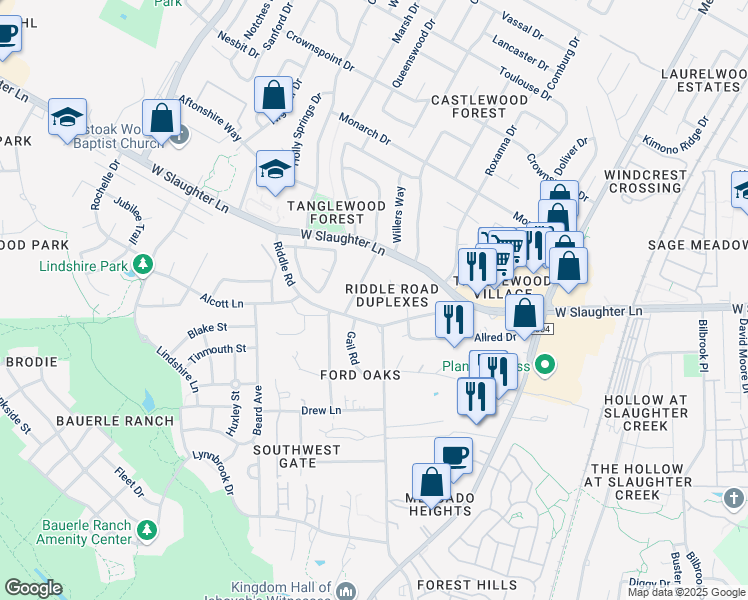 map of restaurants, bars, coffee shops, grocery stores, and more near 10203 Gail Road in Austin