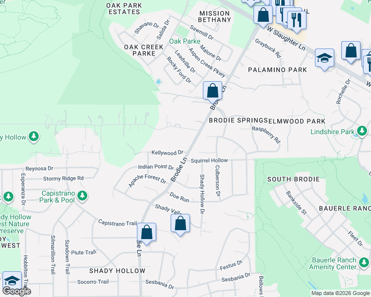 map of restaurants, bars, coffee shops, grocery stores, and more near 3502 Kellywood Drive in Austin