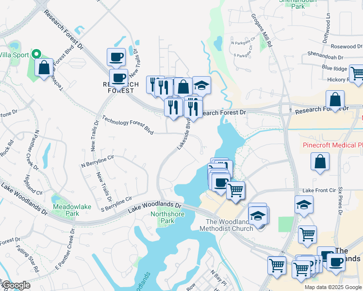 map of restaurants, bars, coffee shops, grocery stores, and more near 9709 Lakeside Boulevard in The Woodlands