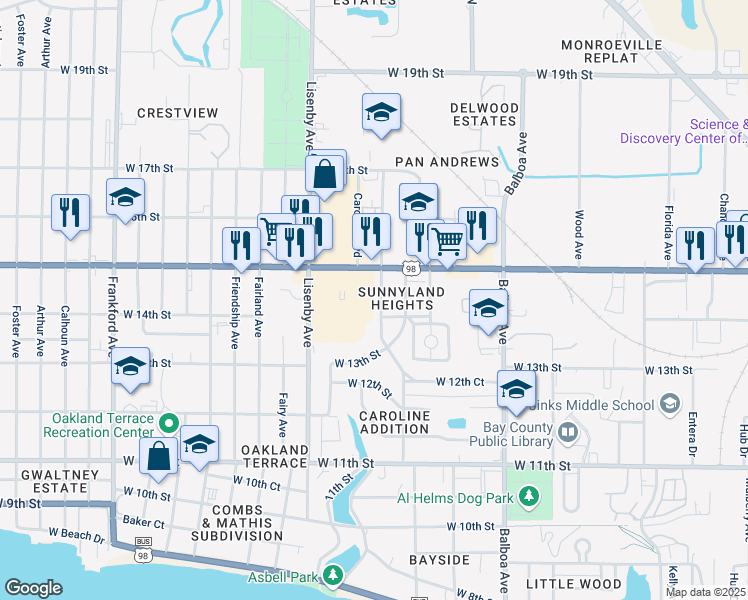 map of restaurants, bars, coffee shops, grocery stores, and more near 1401 Gulf Avenue in Panama City