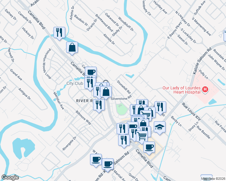 map of restaurants, bars, coffee shops, grocery stores, and more near 1121 Camellia Boulevard in Lafayette