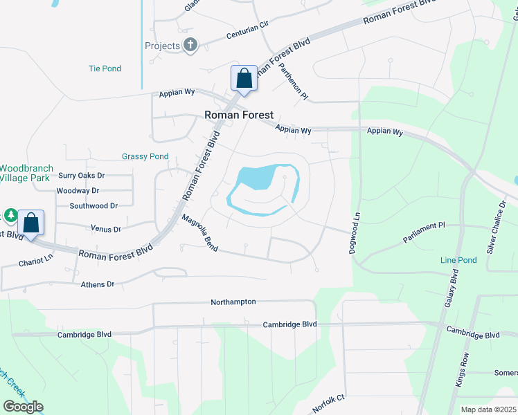 map of restaurants, bars, coffee shops, grocery stores, and more near 20 Artesian Way in New Caney
