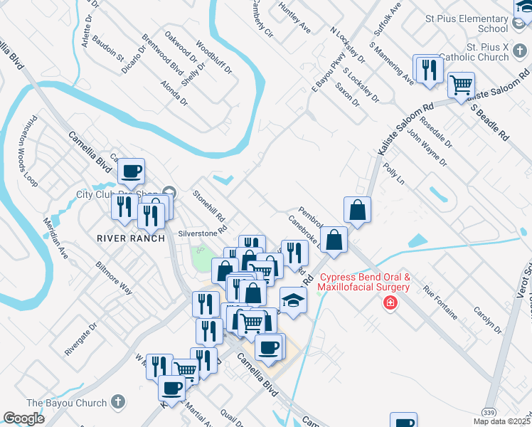 map of restaurants, bars, coffee shops, grocery stores, and more near 108 Stonewood Circle in Lafayette