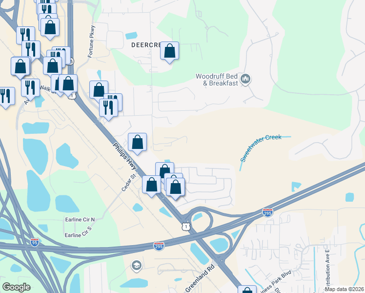 map of restaurants, bars, coffee shops, grocery stores, and more near 10717 Mc Laurin Road East in Jacksonville