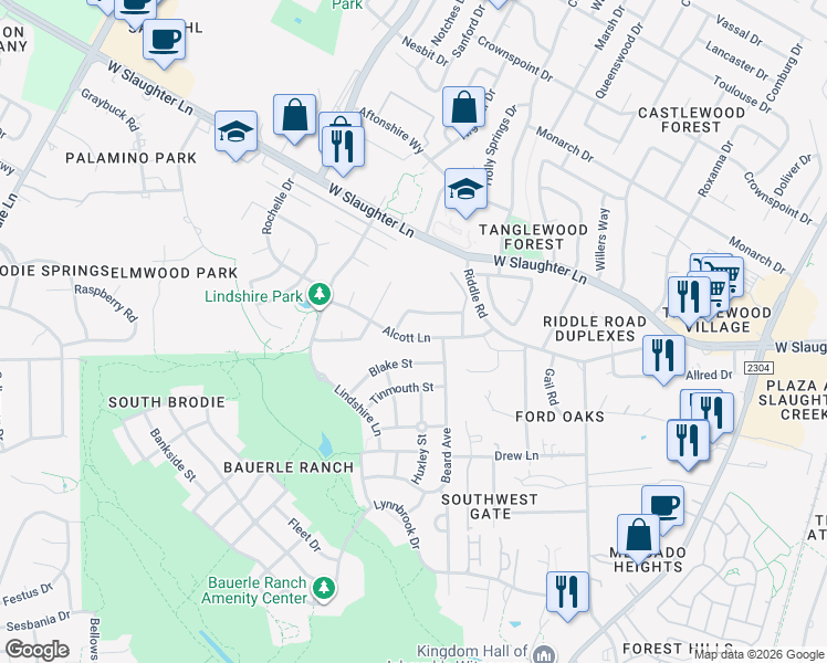 map of restaurants, bars, coffee shops, grocery stores, and more near 2653 Alcott Lane in Austin