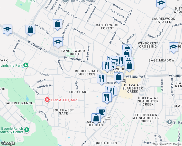 map of restaurants, bars, coffee shops, grocery stores, and more near 2405 Allred Drive in Austin