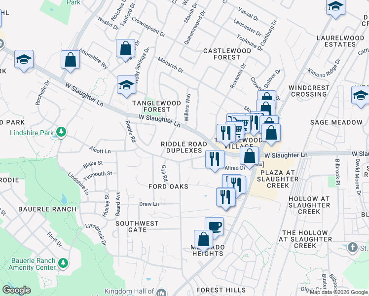 map of restaurants, bars, coffee shops, grocery stores, and more near 2405 Allred Drive in Austin