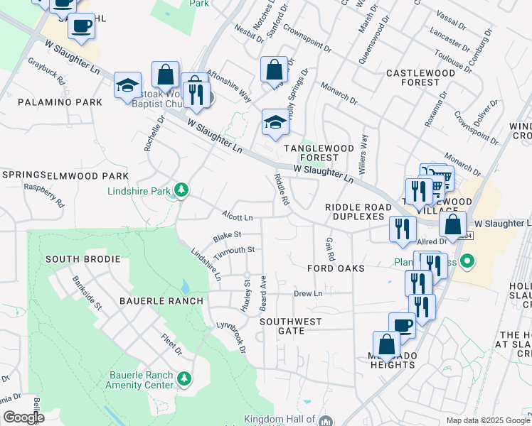 map of restaurants, bars, coffee shops, grocery stores, and more near 2612 Alcott Lane in Austin