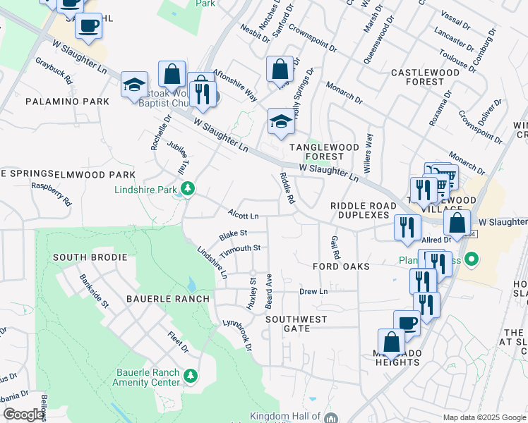 map of restaurants, bars, coffee shops, grocery stores, and more near 2612 Alcott Lane in Austin