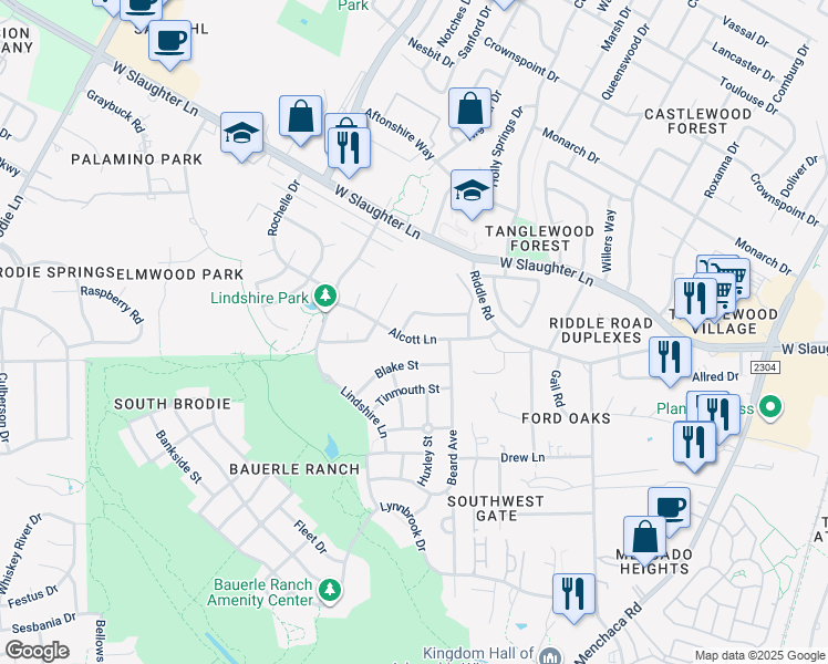 map of restaurants, bars, coffee shops, grocery stores, and more near 2630 Alcott Lane in Austin