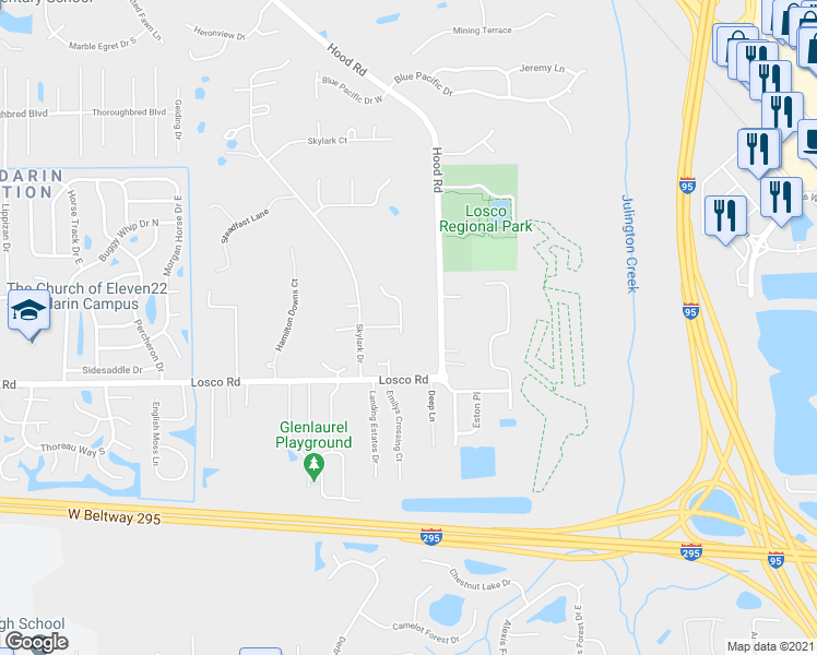 map of restaurants, bars, coffee shops, grocery stores, and more near 11073 Ashford Gable Place in Jacksonville