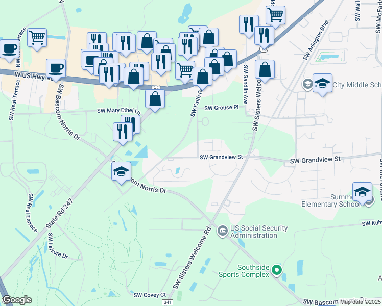 map of restaurants, bars, coffee shops, grocery stores, and more near 1811 Southwest Grandview Street in Lake City