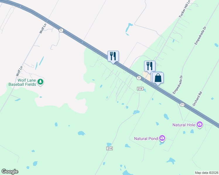 map of restaurants, bars, coffee shops, grocery stores, and more near 159 Old Bastrop Road in Cedar Creek