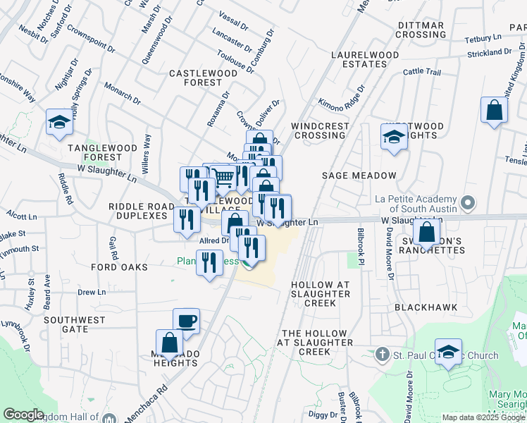map of restaurants, bars, coffee shops, grocery stores, and more near 9801 Manchaca Road in Austin
