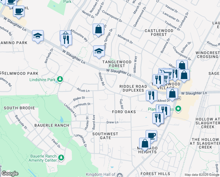 map of restaurants, bars, coffee shops, grocery stores, and more near 2502 Riddle Road in Austin