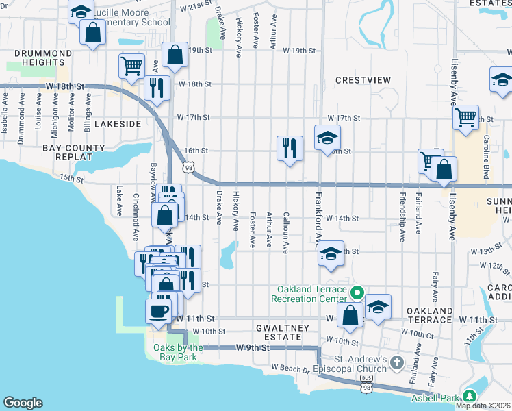 map of restaurants, bars, coffee shops, grocery stores, and more near 1404 Foster Avenue in Panama City