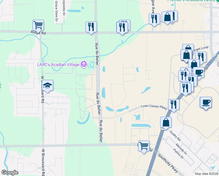 map of restaurants, bars, coffee shops, grocery stores, and more near 300 Blk Town Center Parkway in Duson
