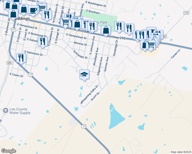 map of restaurants, bars, coffee shops, grocery stores, and more near 665 Edgewood Avenue in Giddings