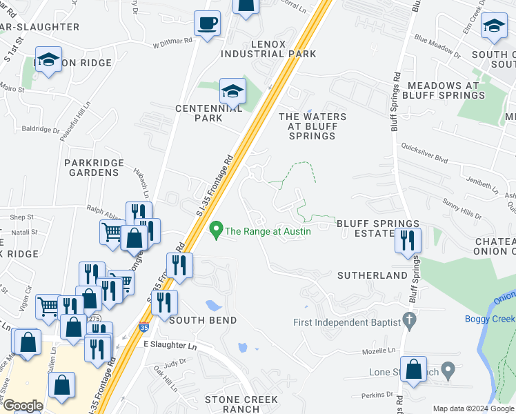 map of restaurants, bars, coffee shops, grocery stores, and more near 8003 South Interstate 35 Frontage Road in Austin