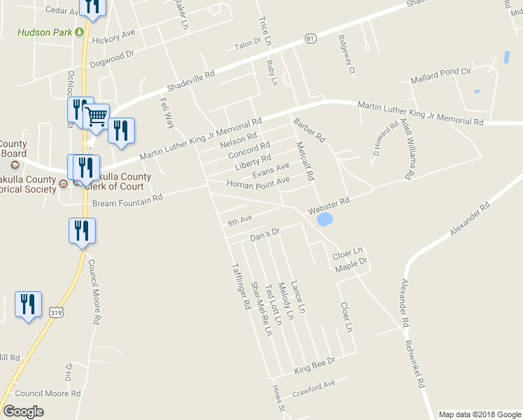map of restaurants, bars, coffee shops, grocery stores, and more near 50 8th Avenue in Crawfordville