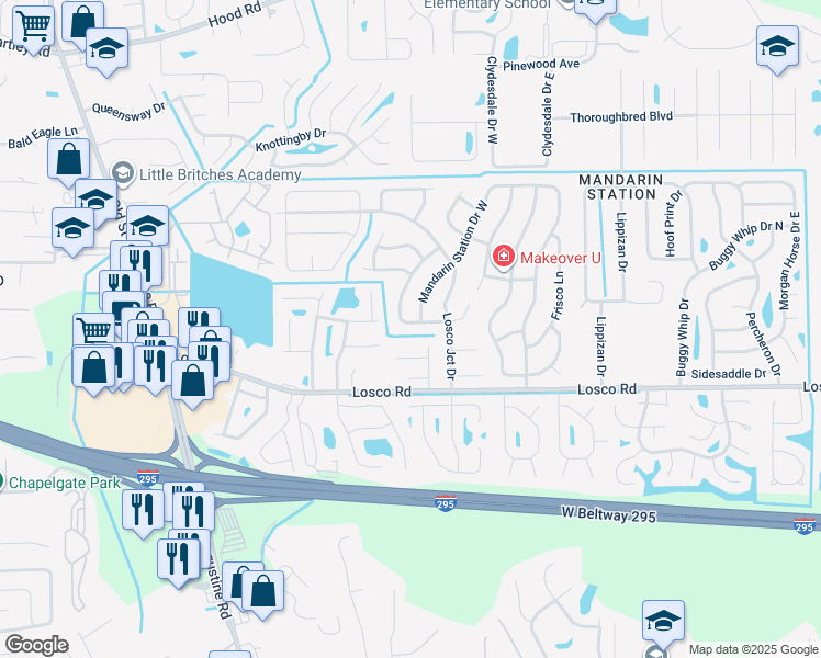 map of restaurants, bars, coffee shops, grocery stores, and more near 4650 Great Western Lane South in Jacksonville