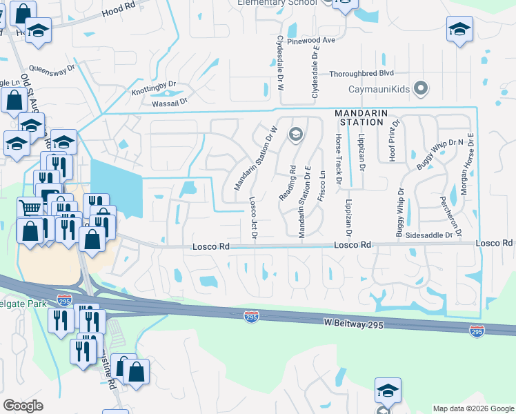 map of restaurants, bars, coffee shops, grocery stores, and more near 11062 Losco Junction Drive in Jacksonville