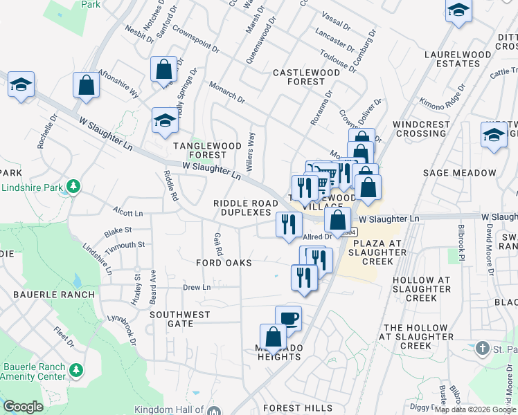 map of restaurants, bars, coffee shops, grocery stores, and more near 2405 Allred Drive in Austin