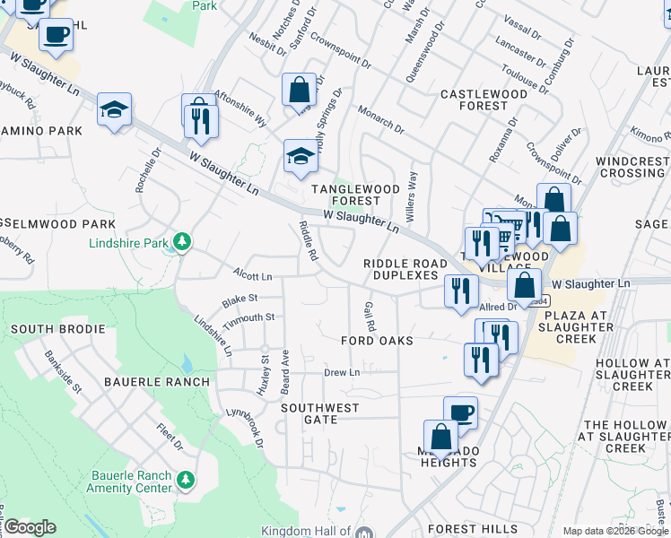 map of restaurants, bars, coffee shops, grocery stores, and more near 2502 Riddle Road in Austin