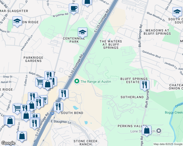 map of restaurants, bars, coffee shops, grocery stores, and more near 8003 South Interstate 35 Frontage Road in Austin