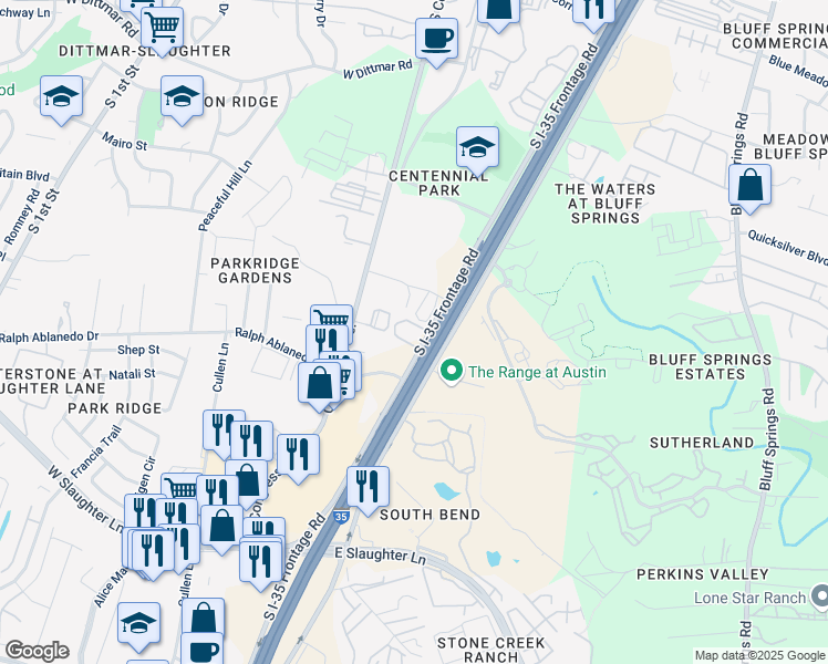 map of restaurants, bars, coffee shops, grocery stores, and more near 8300 South Interstate 35 Frontage Road in Austin