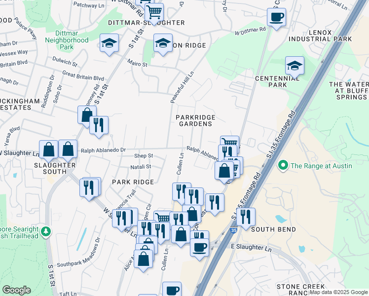 map of restaurants, bars, coffee shops, grocery stores, and more near 8601 Ralph Ablanedo Drive in Austin