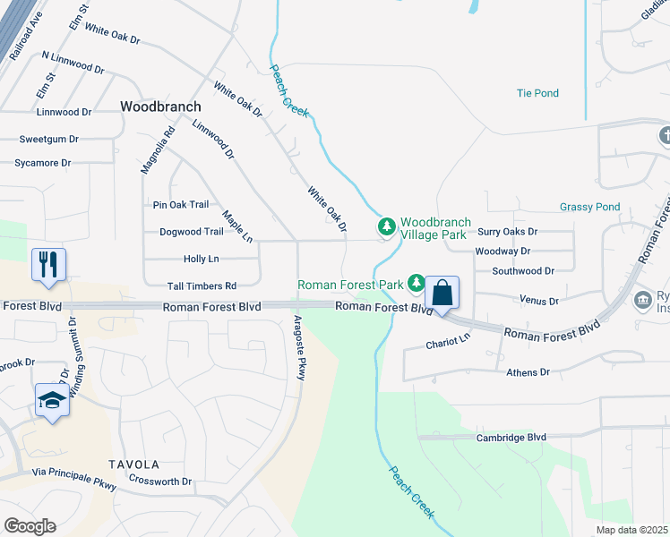 map of restaurants, bars, coffee shops, grocery stores, and more near 123 White Oak Drive in New Caney