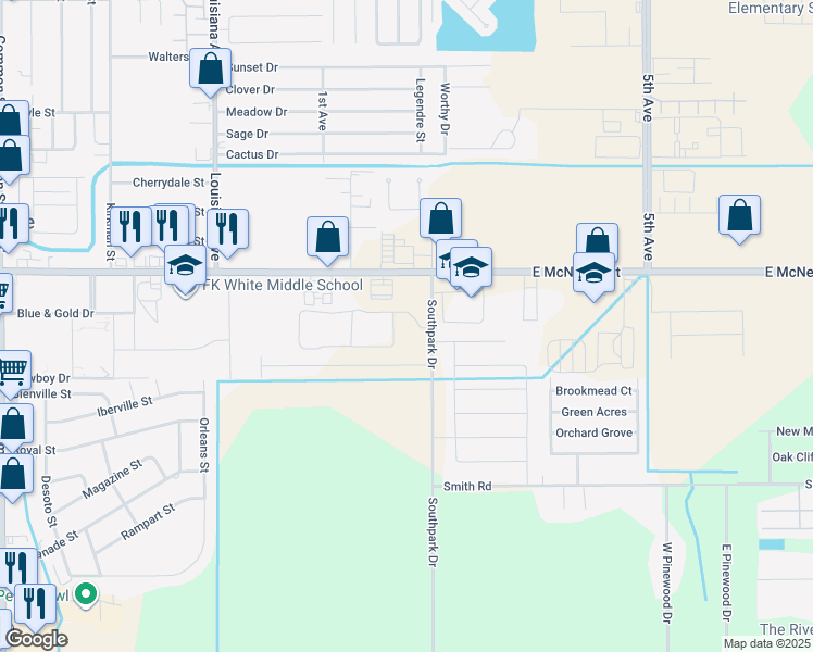 map of restaurants, bars, coffee shops, grocery stores, and more near 5355 Southpark Drive in Lake Charles