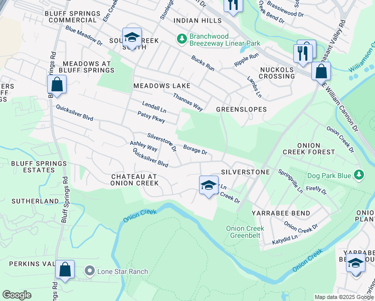 map of restaurants, bars, coffee shops, grocery stores, and more near 7300 Quicksilver Circle in Austin