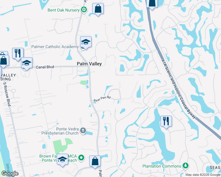 map of restaurants, bars, coffee shops, grocery stores, and more near 236 Shell Bluff Court in Ponte Vedra Beach