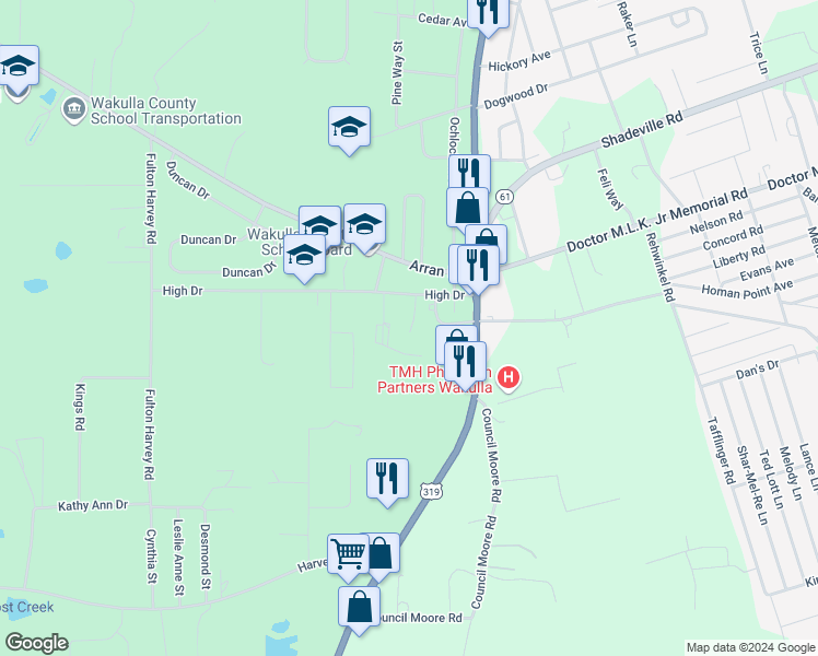 map of restaurants, bars, coffee shops, grocery stores, and more near 30 Old Courthouse Way in Crawfordville