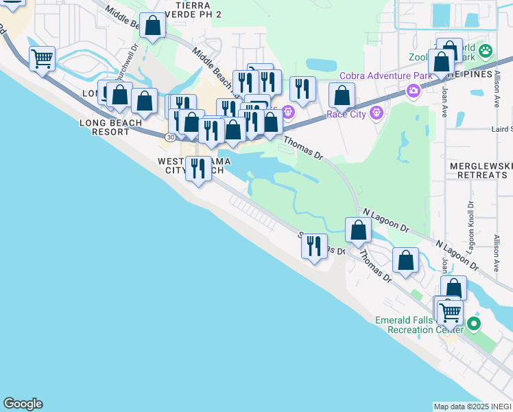 map of restaurants, bars, coffee shops, grocery stores, and more near 9711 Beach Boulevard in Panama City Beach