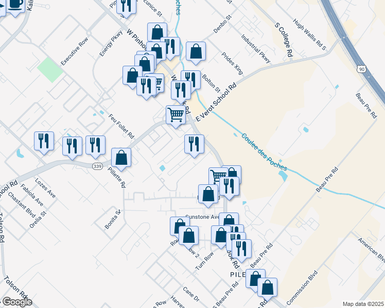 map of restaurants, bars, coffee shops, grocery stores, and more near 2903 West Pinhook Road in Lafayette